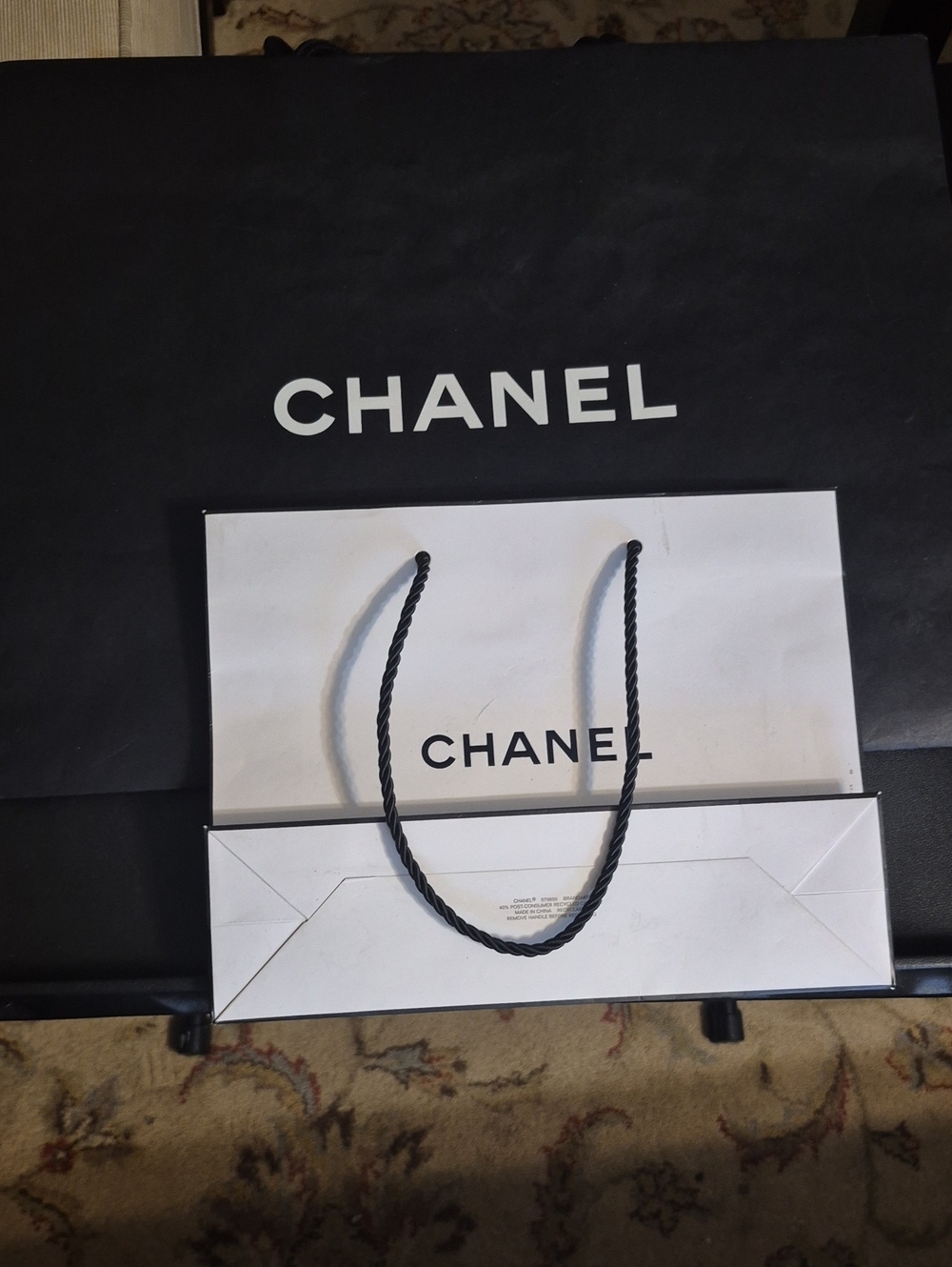 CHANEL Black & White Branded Gift Bag with Twisted Handles